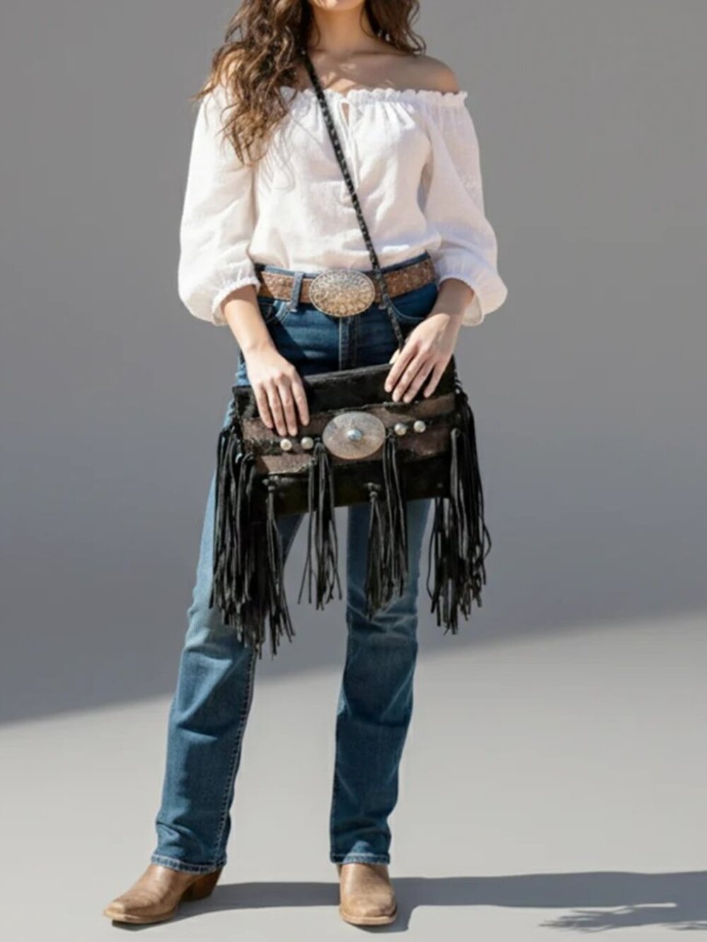 American Darling Hairon Boho Fringe Concho Crossbody Clutch